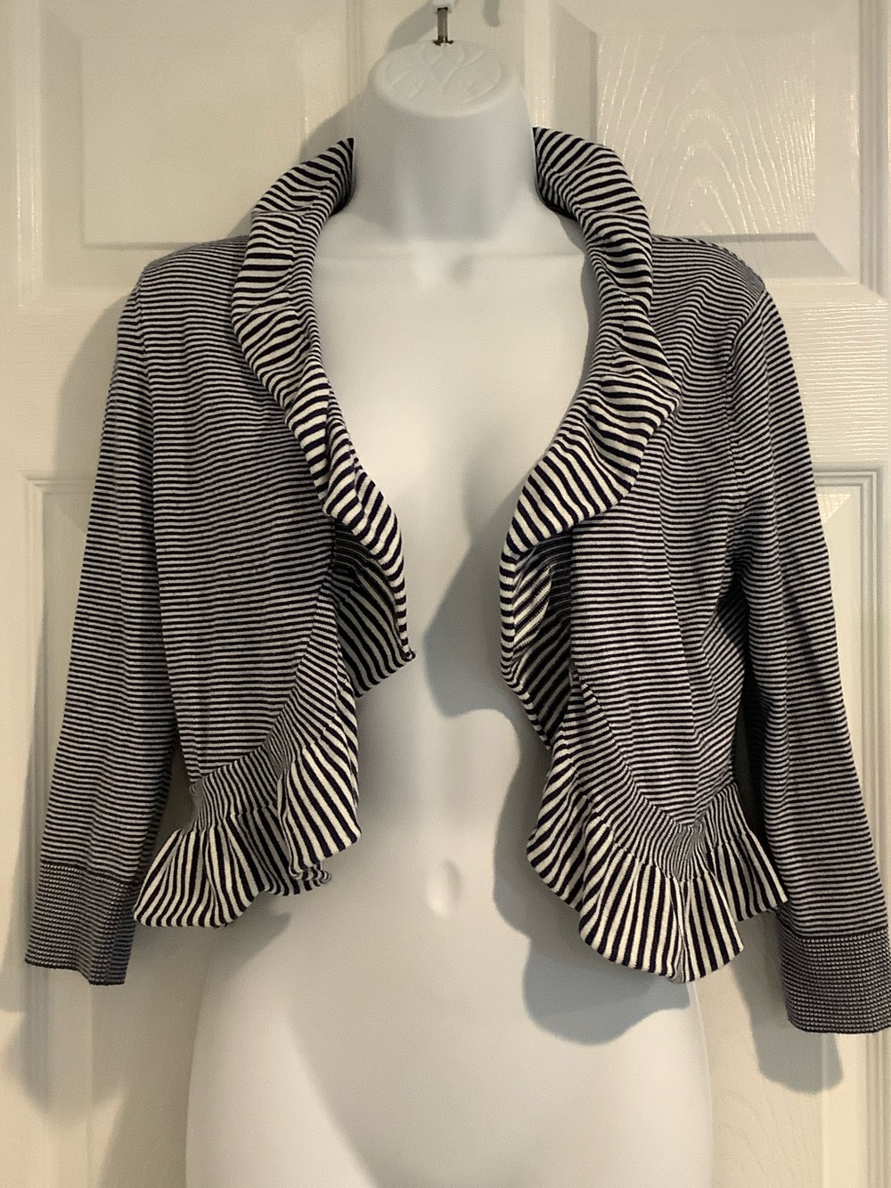 CABLE & GAUGE Blue/White Striped Nautical Coastal Cropped Fall Cardigan PS